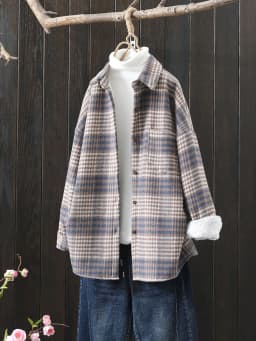 Winter New Women Vintage Oversize Woolen Plaid Shirts Warm Full Sleeve Thick Trun-down Collar Fleece Blouse Casual Outwear T1O90