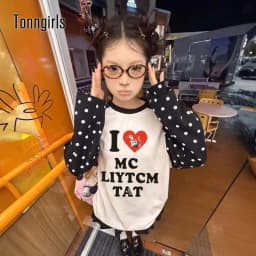 Tonngirls Harajuku Print Graphic Tops Loose Casual T-shirt Women Dot Patchwork Y2k Vintage Grunge Tops American Retro Streetwear