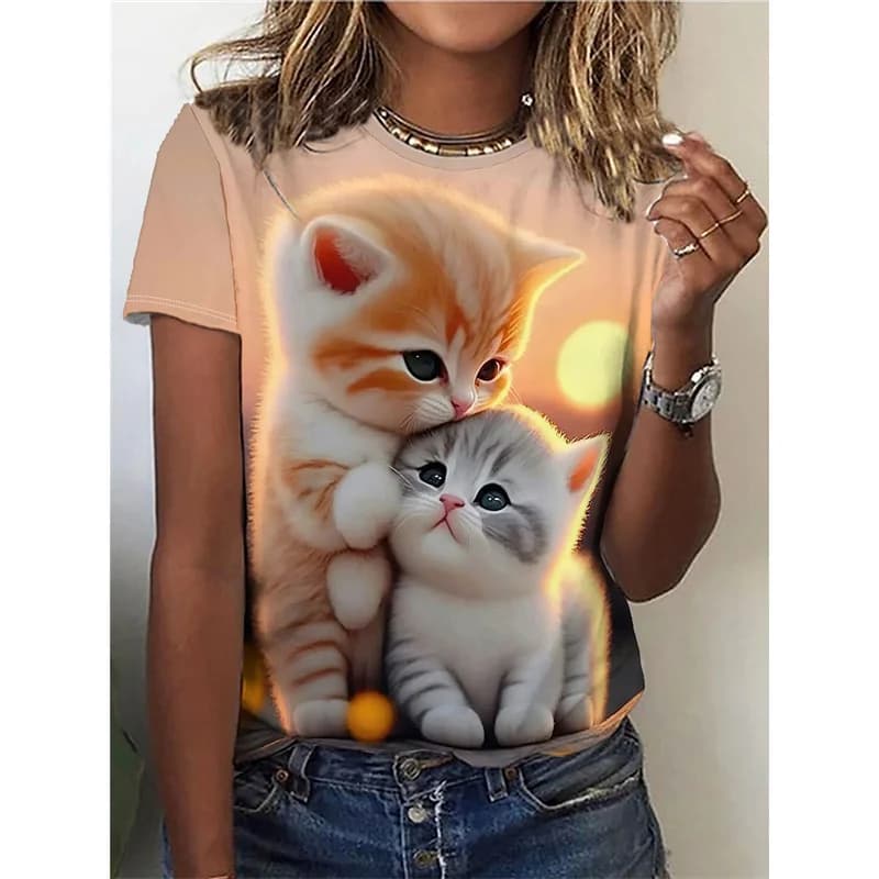 Cute Cat Pattern T Shirt For Women Animal 3D Printed Short Sleeves Summer Fashion Crew Neck Tops Girl Tees Oversized T-Shirts