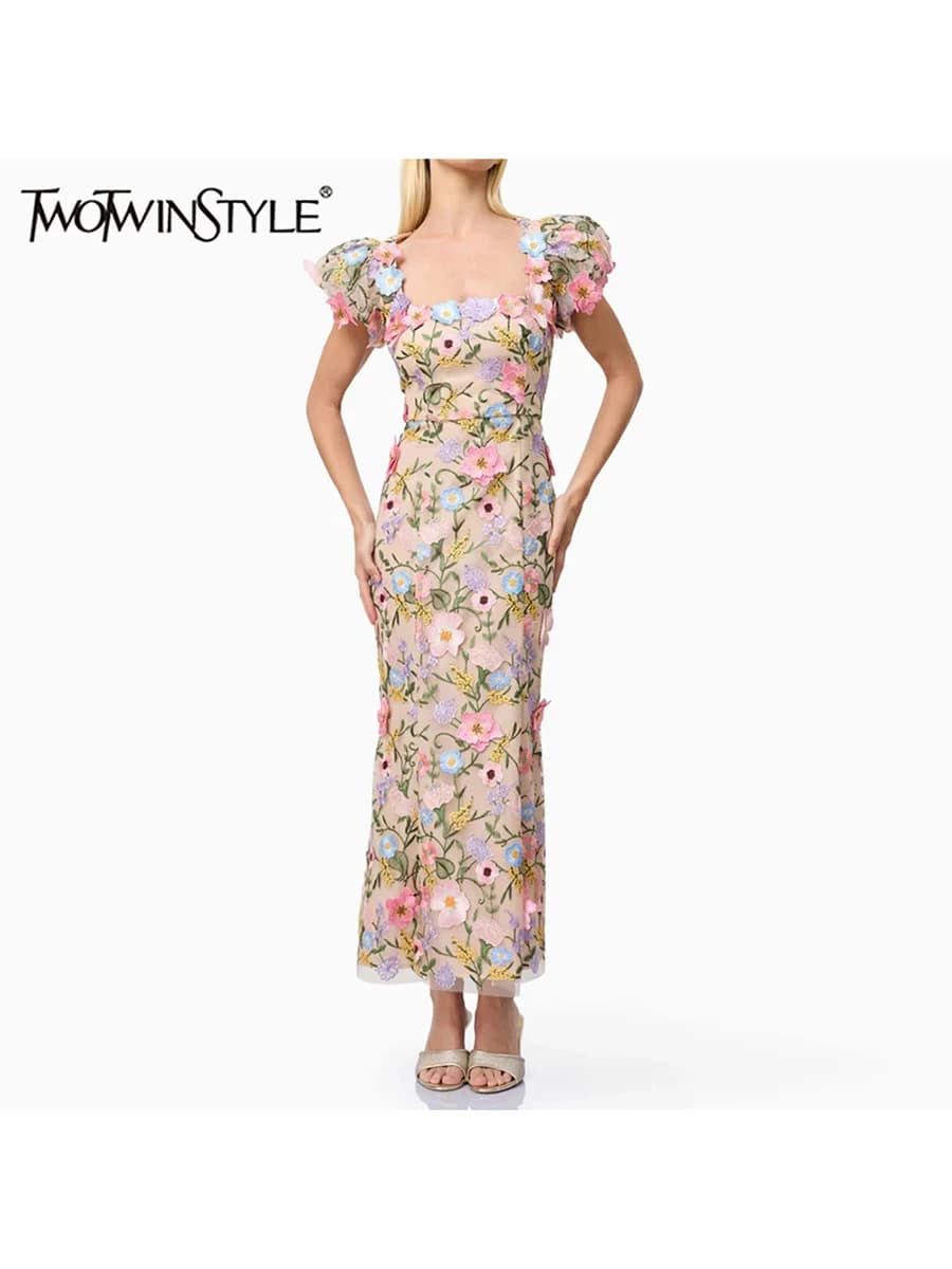 TWOTWINSTYLE Hit Color Spliced Appliques Slimming Dresses For Women Square Neck Sleeveless High Waist Temperament Dress Female
