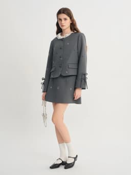 DUSHU Plus Size Sequined Round Neck Fashion Set For Women 2025 Autumn New Arrival Coat Gray Jacket Short Skirt Two-piece Set