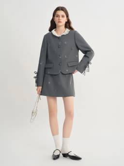 DUSHU Plus Size Sequined Round Neck Fashion Set For Women 2025 Autumn New Arrival Coat Gray Jacket Short Skirt Two-piece Set