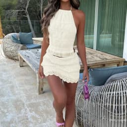 Cutout Halter Crop Top Pleated Mini Skirts 2 Pcs Set Summer Fall Elegant Sexy Slim Beach Rave Festival Outfit