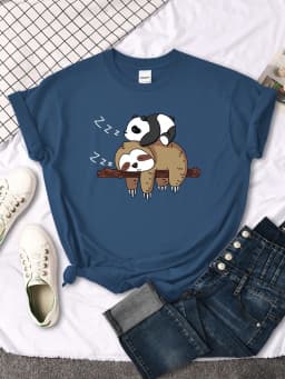 Panda Lying On A Sloth Printed Woman T-shirt Round Neck New Tshirts Fit Tee Shirt Oversized Short Sleeve Womens Tshirts