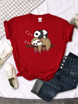 Panda Lying On A Sloth Printed Woman T-shirt Round Neck New Tshirts Fit Tee Shirt Oversized Short Sleeve Womens Tshirts