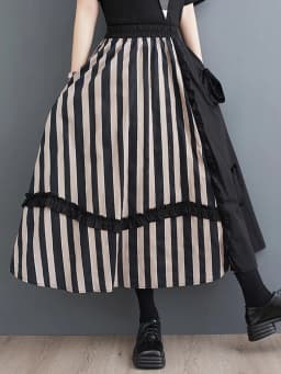 Striped Patchwork Floral Skirt Women Black Vintage High Waist Korean Fashion Loose Casual Long Skirts Clothes New Summer 2026
