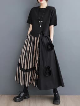 Striped Patchwork Floral Skirt Women Black Vintage High Waist Korean Fashion Loose Casual Long Skirts Clothes New Summer 2026