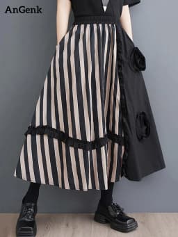 Striped Patchwork Floral Skirt Women Black Vintage High Waist Korean Fashion Loose Casual Long Skirts Clothes New Summer 2026