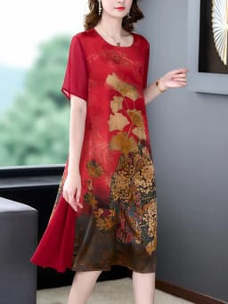2024 Red Silk Floral Luxury Wedding Dress Summer Short Sleeve O-Neck Loose Waist Dress Women Korean Vintage Elegant Party Dress