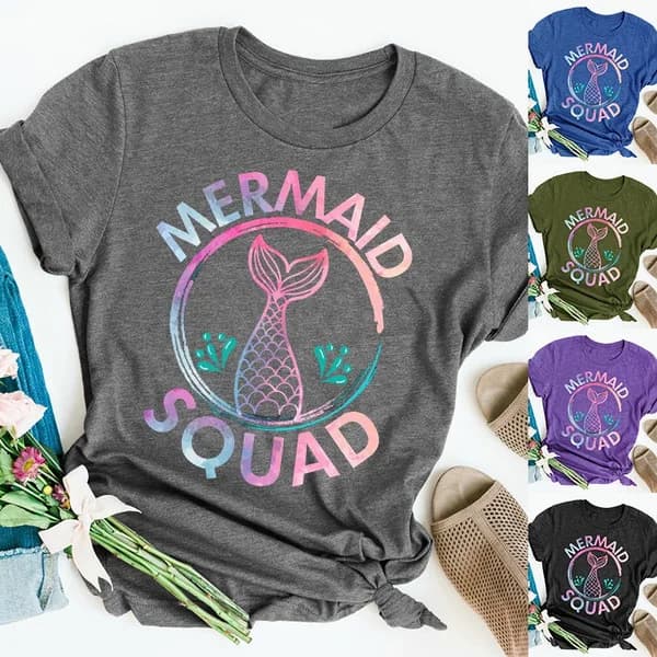 Colorful Mermaid Squad Print T Shirt Women Short Sleeve O Neck Loose Tshirt Summer Women Tee Shirt Tops Camisetas Mujer