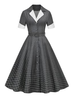 Tonval Notched Collar Single Breasted Women Grey Plaid Rockabilly Long Dresses High Waist Belted Vintage A-Line Dress 2023