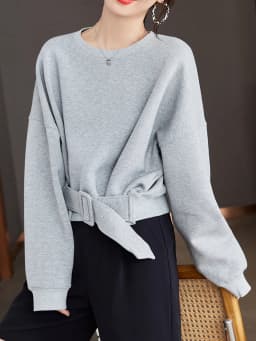 Cropped Tops Short Sweatshirts Fall Winter Women Plain Long Sleeve Belt Waist Loose Casual Oversize Pullover Korean Short Jumper