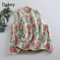 Women's Vintage Flower Knitted Sweater Vests, Japanese Mori Style, O-neck, Baggy Sleeveless Tops, Casual Retro Jumpers, Autumn
