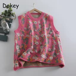Women's Vintage Flower Knitted Sweater Vests, Japanese Mori Style, O-neck, Baggy Sleeveless Tops, Casual Retro Jumpers, Autumn