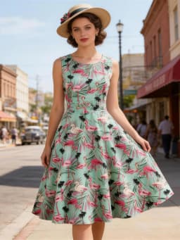 Tonval Flamingo Print High Waist Pinup Retro Dress S to 4XL 95% Cotton Women O-Neck Sleeveless Summer 50s Vintage Dresses