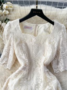 Summer Elegant Flower Embroidery Dress Women Solid Color Short Puff Sleeve Square Collar Mesh Lace Up Party Midi Dresses Vestido
