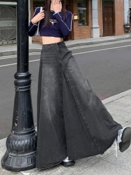 Maxi Long Skirts Women England Style Vintage Autumn Winter High Waist Jean Skirt Ladies A-Line Ruffle Pleated Denim Skirt