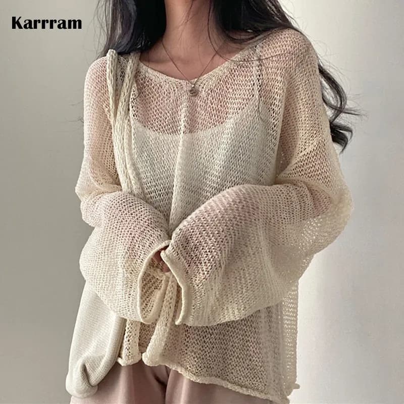 Karrram Lazy Style Full Sleeves Jumpers Tops Hollow Out Sexy Women Fashion Casual Streetwear Chic Femme Sweaters Pullovers