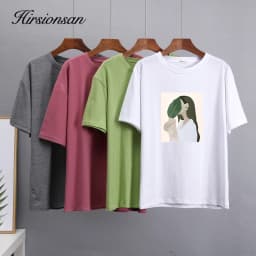 Hirsionsan Harajuku Printed T Shirt Women 2023 Summer Chic Tees 100% Cotton Elegant Graphic Clothes Loose Casual Pullover Tops