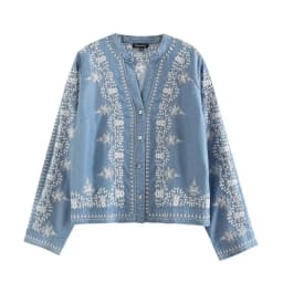 Long Sleeve Denim Shirt Women's Spring Summer Soft Jeans Stand Collar Floral Embroidery Blouses Thin Coat Tops New 2023 T35430M