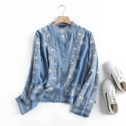 Long Sleeve Denim Shirt Women's Spring Summer Soft Jeans Stand Collar Floral Embroidery Blouses Thin Coat Tops New 2023 T35430M