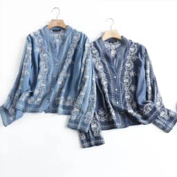 Long Sleeve Denim Shirt Women's Spring Summer Soft Jeans Stand Collar Floral Embroidery Blouses Thin Coat Tops New 2023 T35430M