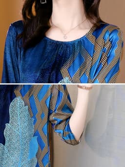 2024 Blue Print Natural Silk Midi Dress Summer New Elegant Loose Waist Plus Size Dress Women Korean Vintage Casaul Party Dress