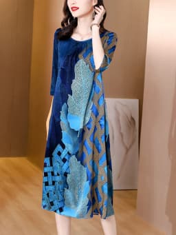 2024 Blue Print Natural Silk Midi Dress Summer New Elegant Loose Waist Plus Size Dress Women Korean Vintage Casaul Party Dress