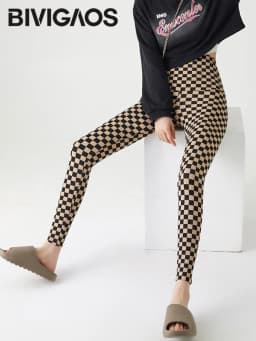BIVIGAOS New Checkerboard Plaid Shark Leggings Women High Waist Tight Slim Push Up Leggings Seamless Sports Fitness Leggings