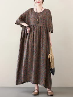 Cotton Short Sleeve Purple Print Vintage Long Dresses For Women 2026 Summer Casual Loose Dress Femme Vestidos Elegant Clothing