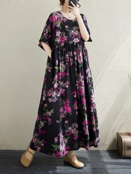 Cotton Short Sleeve Purple Print Vintage Long Dresses For Women 2026 Summer Casual Loose Dress Femme Vestidos Elegant Clothing