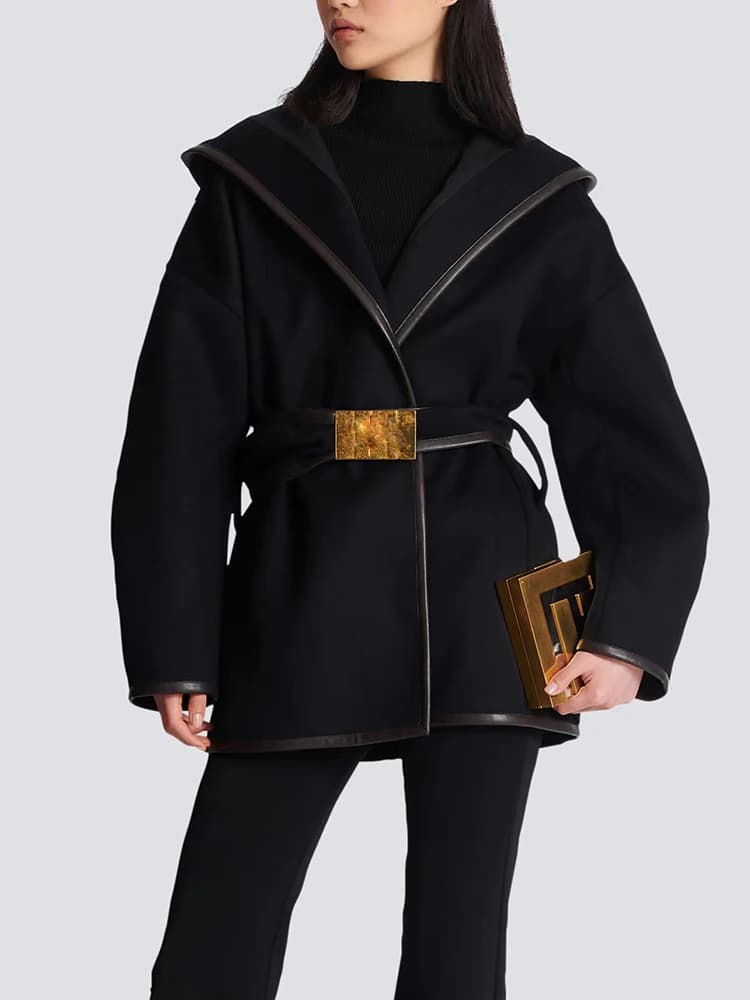 HIGH STREET Newest 2026 Designer Jacket Women's Batwing Sleeve Belted Hooded Wool Blends Coat
