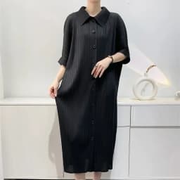 YUDX Miyake Pleated Dress Women's Loose Plus Size Single Breasted Mid Length Bat Sleeve Summer Solid Color Casual Maix Dress