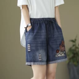 Ethnic Embroidery Denim y2k Shorts Women Summer Japan Fashion Elastic Waist Five-pointed Star Appliques Jean Shorts