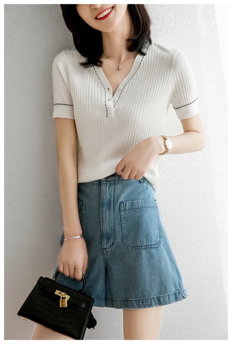 Women New 100% Cotton Short-sleeved T-shirt Sweater V-neck Contrasting Colors Pullover Tees Summer Knitted Bottoming Tops