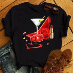 100% COTTON Women's Top Women's High Heels Wine Glass White Print Large Size Summer T-shirt Graphic T Shirts Oversized Tshirt