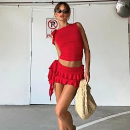 Flower Top and Hip-hugging Short Skirt Set, European and American Summer Temperament, Slim Fit, Fashionable and Casual