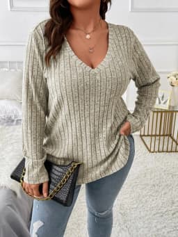 GIBSIE Plus Size Women's Casual V-Neck Long Sleeve Tees Shirt 2024 Spring Autumn Fashion Loose Ribbed Knit Tops for Women