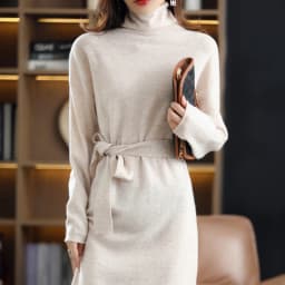 26 The New Pullover 100% Wool Ladies Dress Solid Color Long-Sleeved Knitted Fashion Slim Long High-Neck Cashmere Dress Sweate