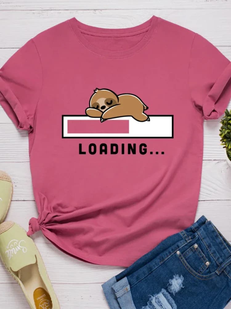 Loading Sloth Print Women T Shirt Short Sleeve O Neck Loose Women Tshirt Ladies Tee Shirt Tops Clothes Camisetas Mujer