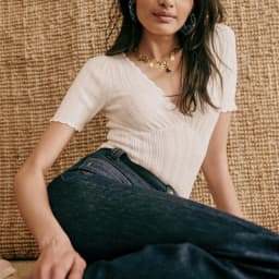 Women V Neck Knitted Crochet Tee With
