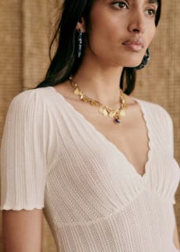 Women V Neck Knitted Crochet Tee With