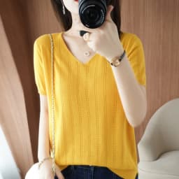 Summer New Thin 100% Pure Cotton Short-Sleeved Sweater Tees Women's V-neck Pullover T-Shirt Hollow Design Casual Knit Tops