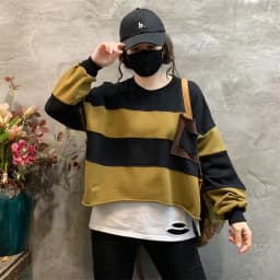 Amax LuluE Womens Loose Leisure O-Neck Design Hoodies Spring British Style Vintage Patchwork Sweatshirts Striped Street Clothes