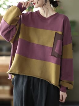 Amax LuluE Womens Loose Leisure O-Neck Design Hoodies Spring British Style Vintage Patchwork Sweatshirts Striped Street Clothes