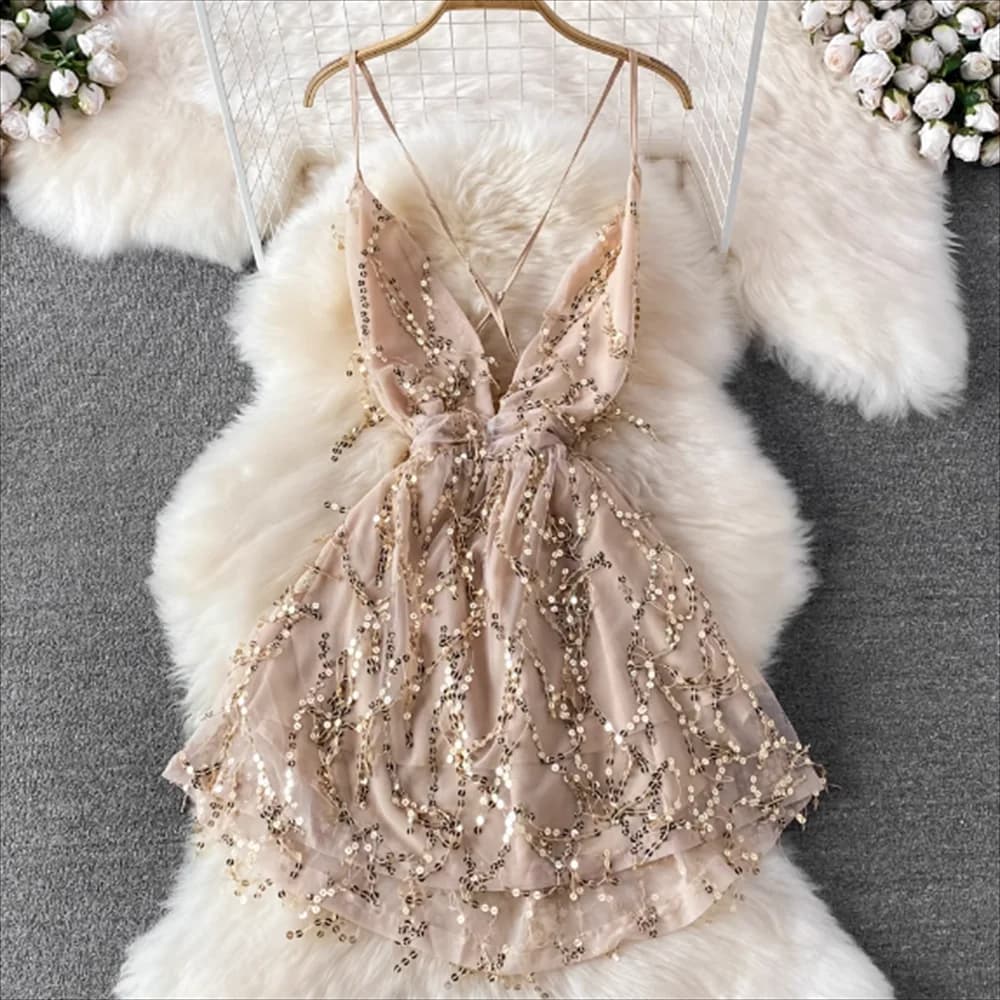 V sequined advanced evening dress sexy high waist thin sleeveless back dress summer