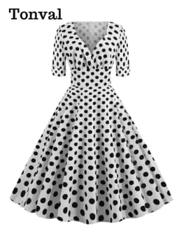 Tonval V-Neck Polka Dot Print 50s Pinup Midi Cotton Dresses for Women Half Sleeve Autumn Clothes Vintage Retro High Waist Dress