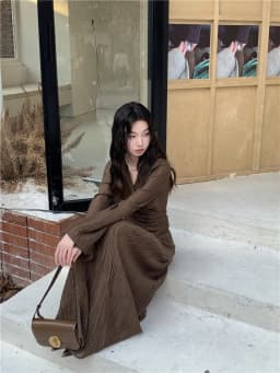 CHEERART Brown Pleate Elegant 2 Piece Sets Women Outfit V Neck Long Sleeve Cardigan Top And Maxi Skirt Set Fall Clothes