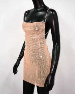 AKYZO Sexy See Through Halter Mini Dress Shiny Diamante Low Neckline Hollow Out Backless Side Slit Clubwear Party 