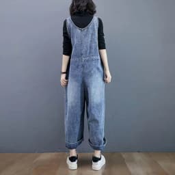 Denim Jumpsuits for Women Autumn Oversized Solid Playsuits Loose High Waist Wide Leg Pants Overalls for Women Clothes One-pieces